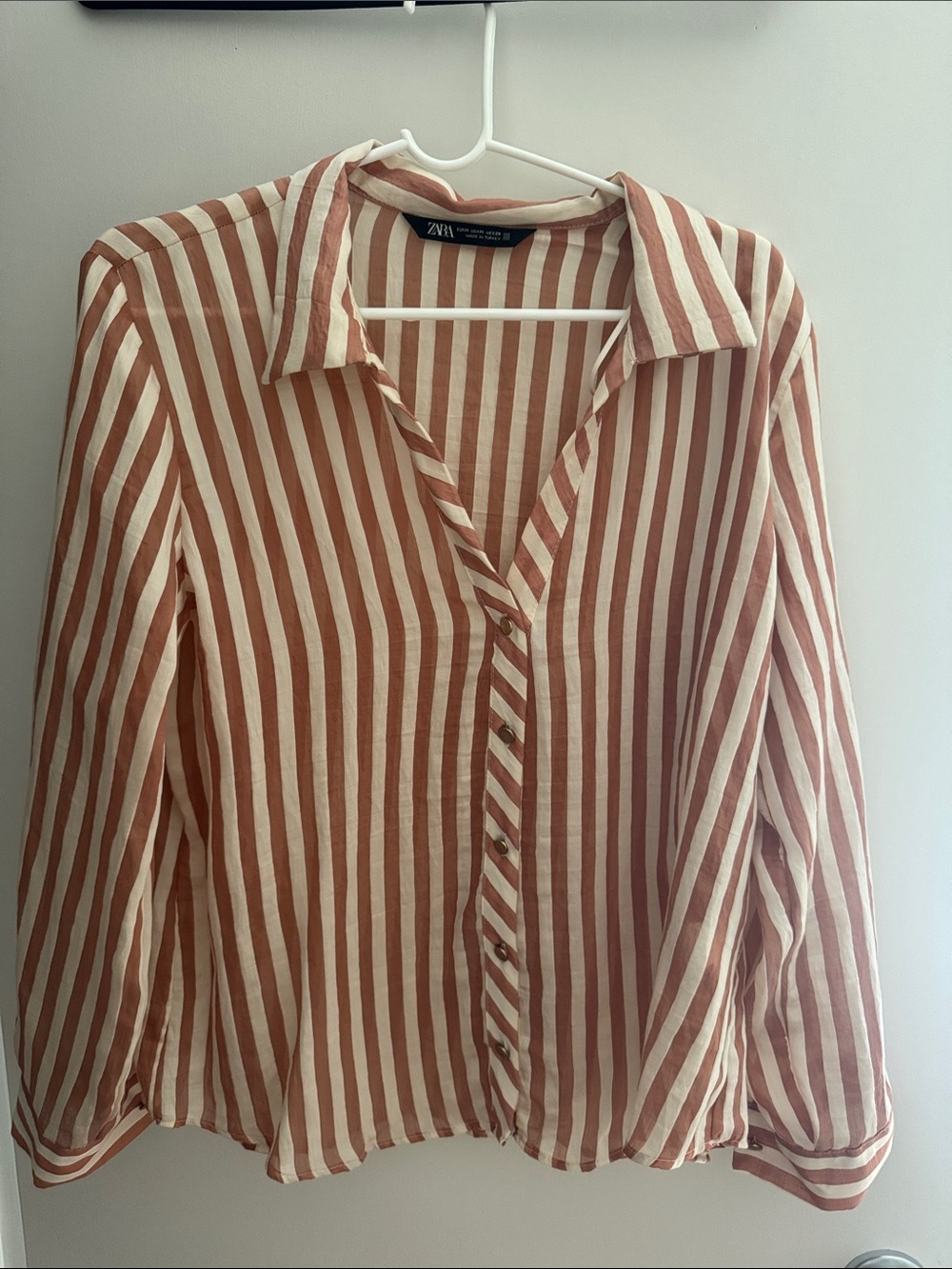 Zara Rust and White Vertical Stripe Button-Down Blouse